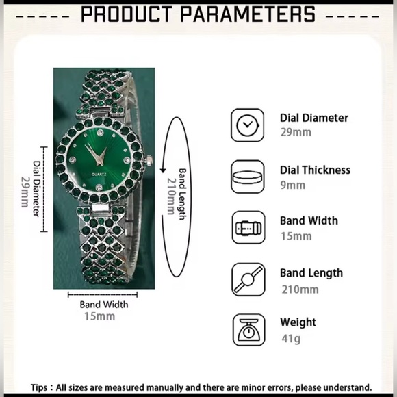 Elegant Green Rhinestone Hearts & Silver Women's Jewelry Set of 5- Quartz Watch - Picture 6 of 8